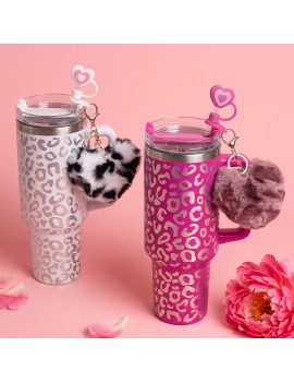 pack tumbler + accesoires pompon cœur leopard isotherme acier inoxydable fluffy charms tahiti fenua shopping