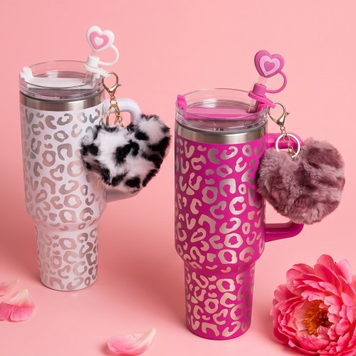 pack tumbler + accesoires pompon cœur leopard isotherme acier inoxydable fluffy charms tahiti fenua shopping