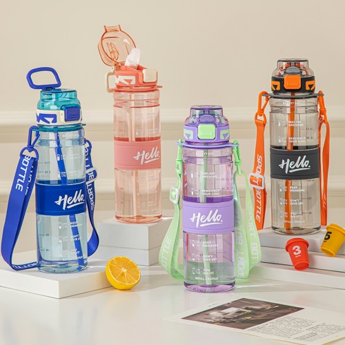 gourde sport 1L hello transparente graduée bouteille vaisselle PVC color tahiti fenua shopping