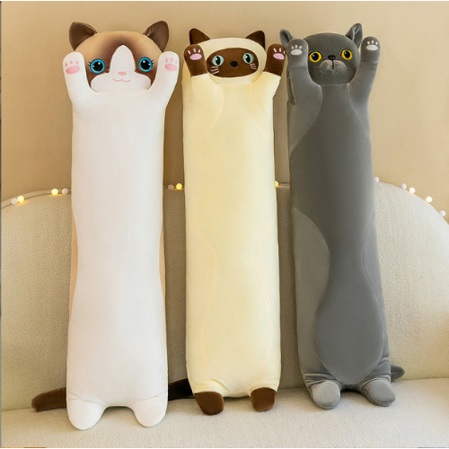 peluche cat kawaii 130cm gris beige adulte enfant coussin longueur doux lit chambre déco tahiti fenua shopping